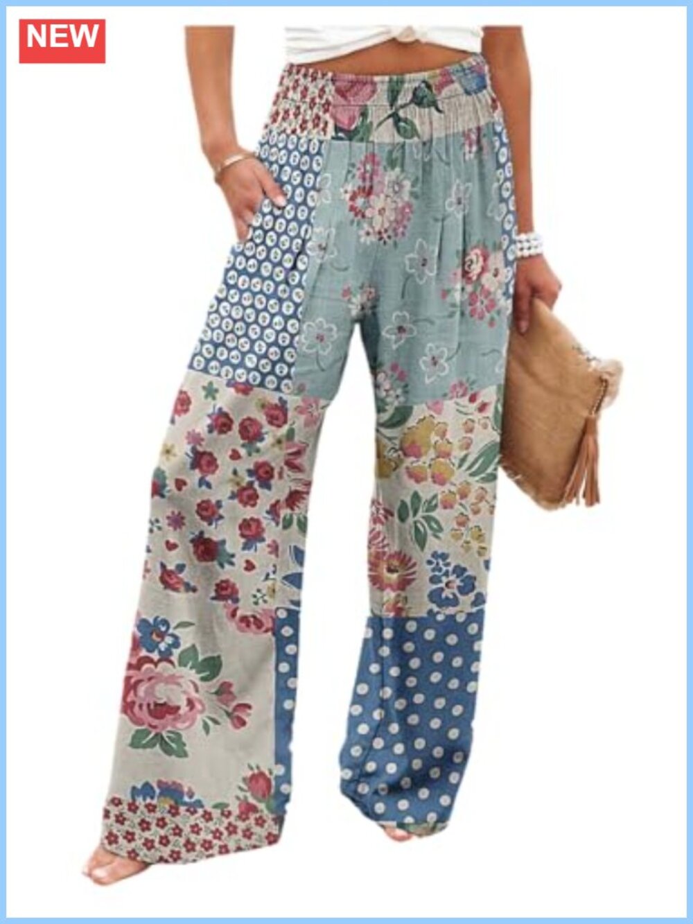 Boho Patchwork Wide Leg Pants High Rise Palazzo Floral Vacation